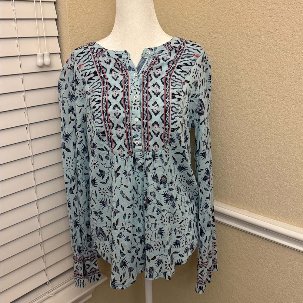 XiRENA Women's Blue Floral Peasant Boho Popover Top Women's Size Small